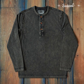 亨利衫 美式 复古重磅纯棉洗水做旧长袖 近色绣花三本针亨利领T恤