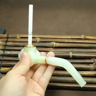 玉石过滤烟嘴岫玉羊头老式烟斗手工雕刻粗细烟加烟丝三用款可水洗