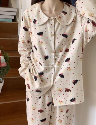 纯棉磨毛春秋娃娃领睡衣套装女士