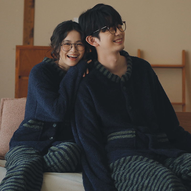简约条纹半边绒情侣睡衣