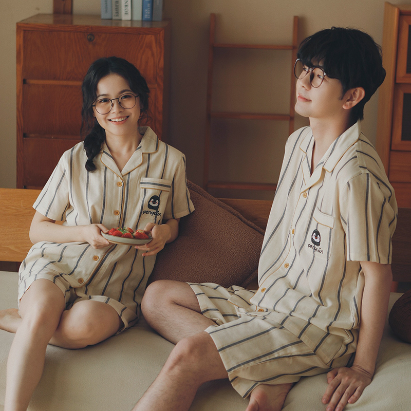 A类纯棉纱布夏季薄款简约小企鹅男女睡衣短袖短裤情侣家居服套装