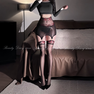蕾丝花边马油包臀裙吊带袜性感纯欲油亮光黑红长筒袜高腰辣妹丝袜