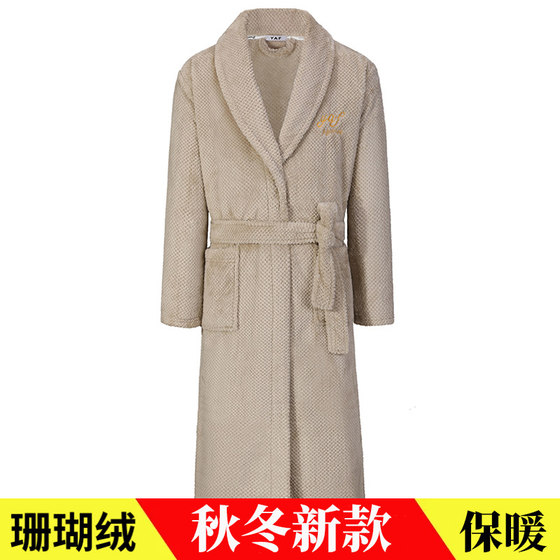 秋冬珊瑚绒浴袍男一体式系带法兰绒睡袍女大码小个子加绒保暖睡衣