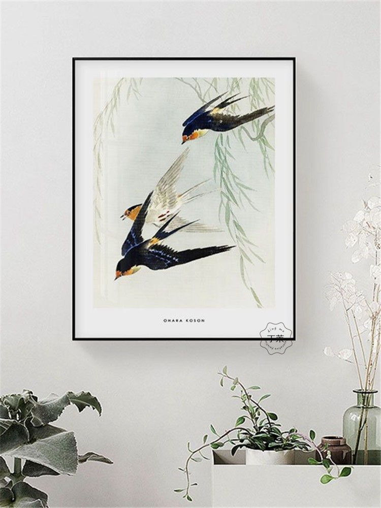 新中式国画中国风挂画日本画家小原古邨文人日式小清新花鸟装饰画