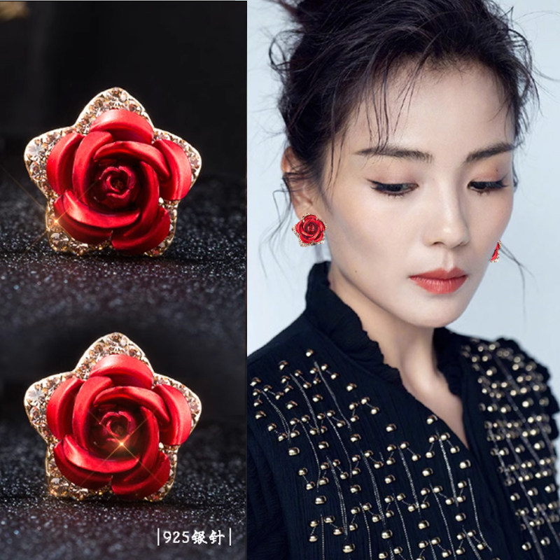 耳钉女山茶花红色2024年新款潮气质耳饰银轻奢高级感法式耳环耳夹