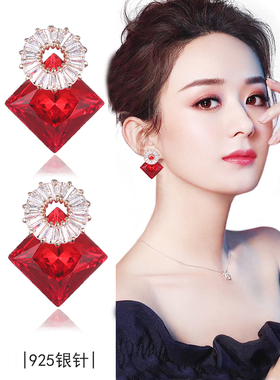 赵丽颖同款红色耳钉女气质个性黑色耳饰S925银针时尚女士显瘦耳环