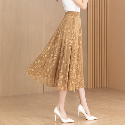 夏季新款雪纺提花a字中长半身裙