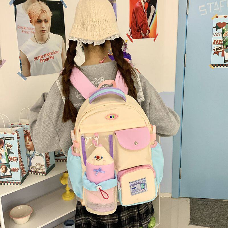 学院风撞色初中大容量书包女24高中学生小清新双肩包可爱少女背包
