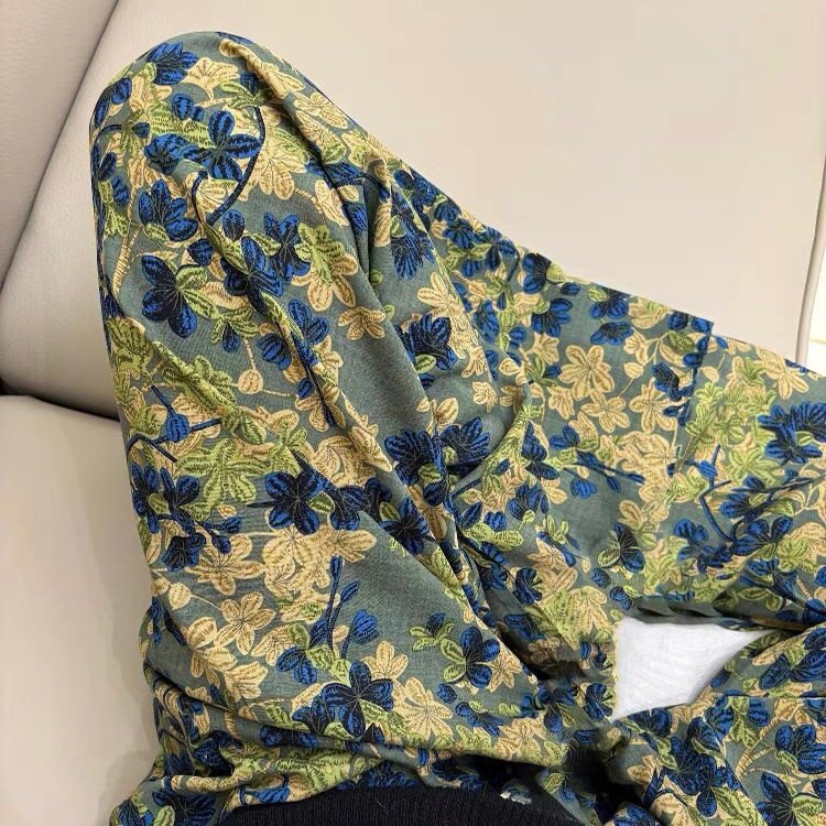 轻薄休闲裤女高级单裤直筒裤复古防蚊裤棉绸裤家居春秋睡裤腰果