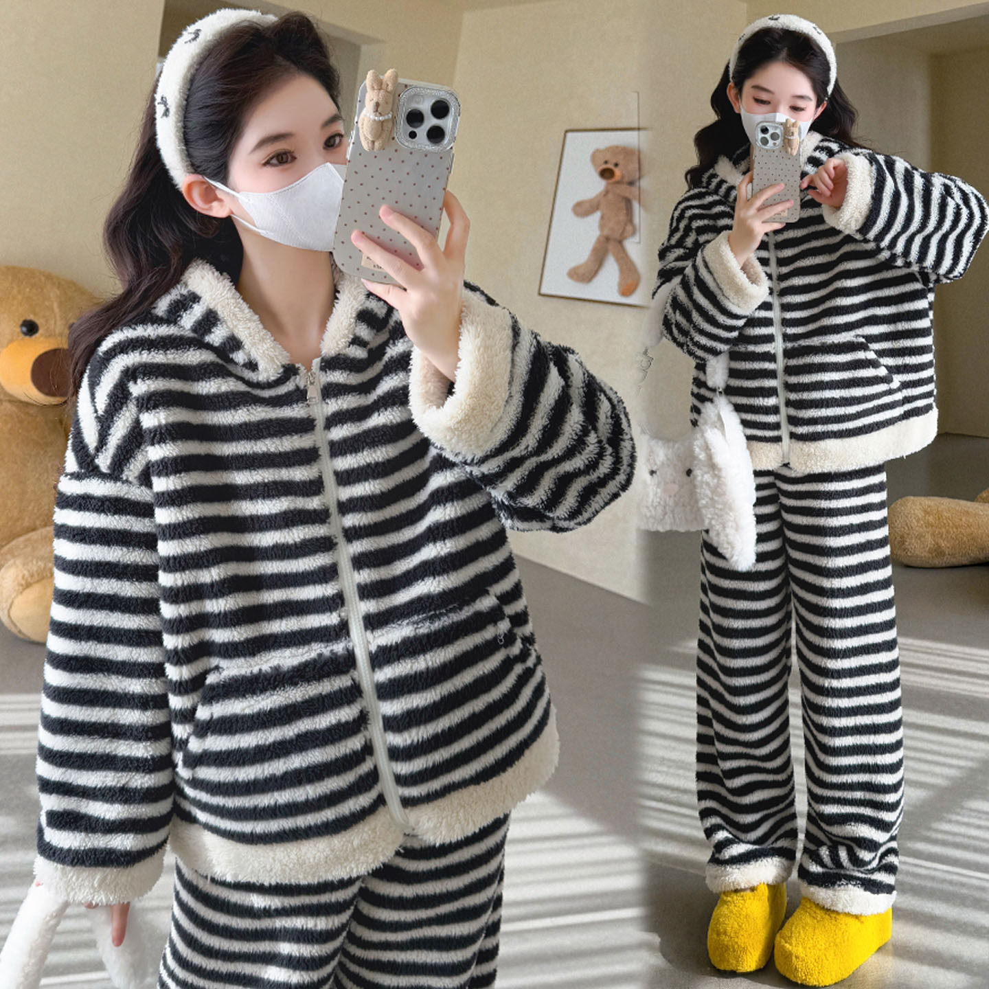 家居服套装加厚保暖孕妇装条纹产后月子服宽松珊瑚绒加绒睡衣冬装