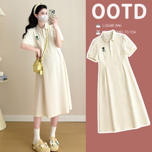 孕妇夏季连衣裙时尚显瘦polo领T恤裙宽松大码刺绣薄款夏天裙子女