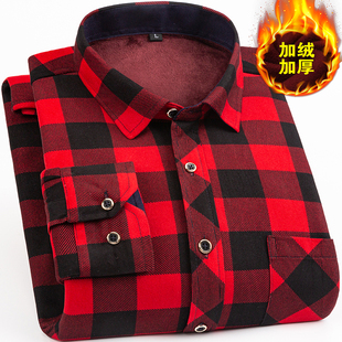 带绒加厚保暖衬衣 男中年宽松加肥加大码 保罗冬季 磨毛格子加绒衬衫