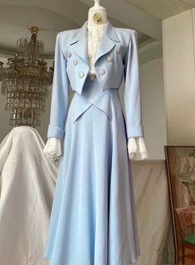 早秋新款女套装法式小香风水蓝色复古风修身高腰小西装背带连衣裙