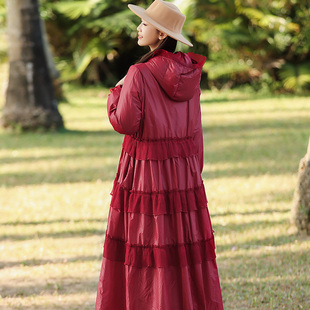 白鸭绒羽绒服大码女装宽松收腰显瘦时尚连帽轻薄保暖长款过膝外套