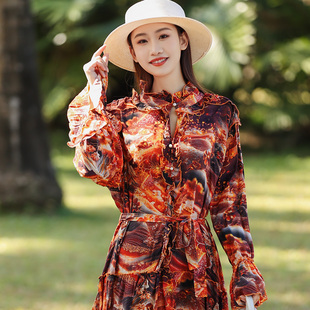 桑蚕丝连衣裙女轻奢高级感真丝印花收腰气质女神茶歇海边度假长裙