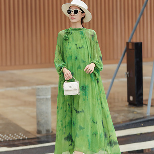 真丝桑蚕丝连衣裙女洋气质高端轻奢宽松飘逸三亚海边度假碎花长裙