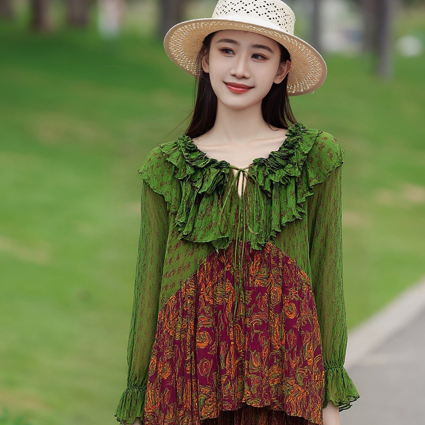 桑蚕丝套装裙女宽松遮肚显瘦荷叶边上衣半身裙时尚气质减龄两件套