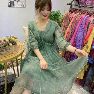 真丝连衣裙女高档拼接纯色桑蚕丝V领洋气减龄收腰显瘦中长款a字裙