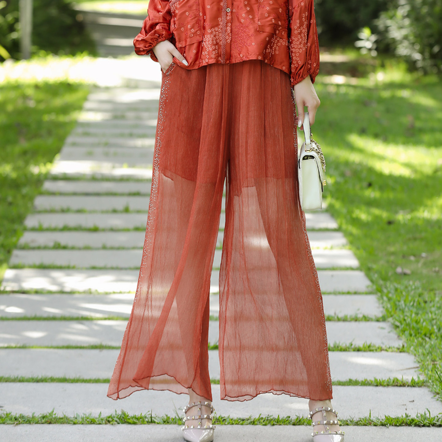 真丝裤子大码女胖mm显瘦夏季薄款休闲宽松高腰烫钻桑蚕丝阔腿裤子