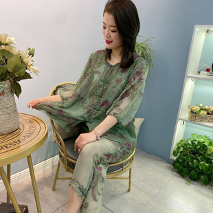 秋装套装女减龄微胖民族风刺绣小个子桑蚕丝真丝上衣哈伦裤两件套