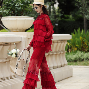 时尚套装女2025年新款复古红色大码宽松刺绣真丝上衣阔腿裤两件套