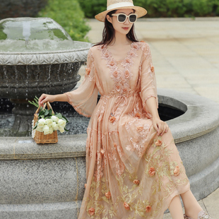 香槟色高档轻奢刺绣收腰长裙 V领七分袖 真丝桑蚕丝连衣裙大码 女装