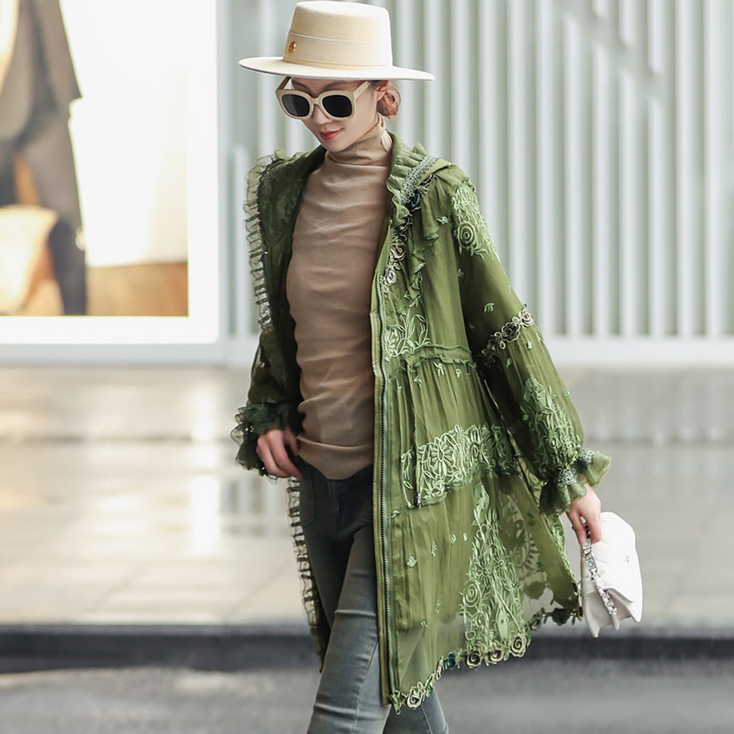 棉服女2026年新款小个子时尚气质刺绣真丝中长款轻薄保暖棉衣外套