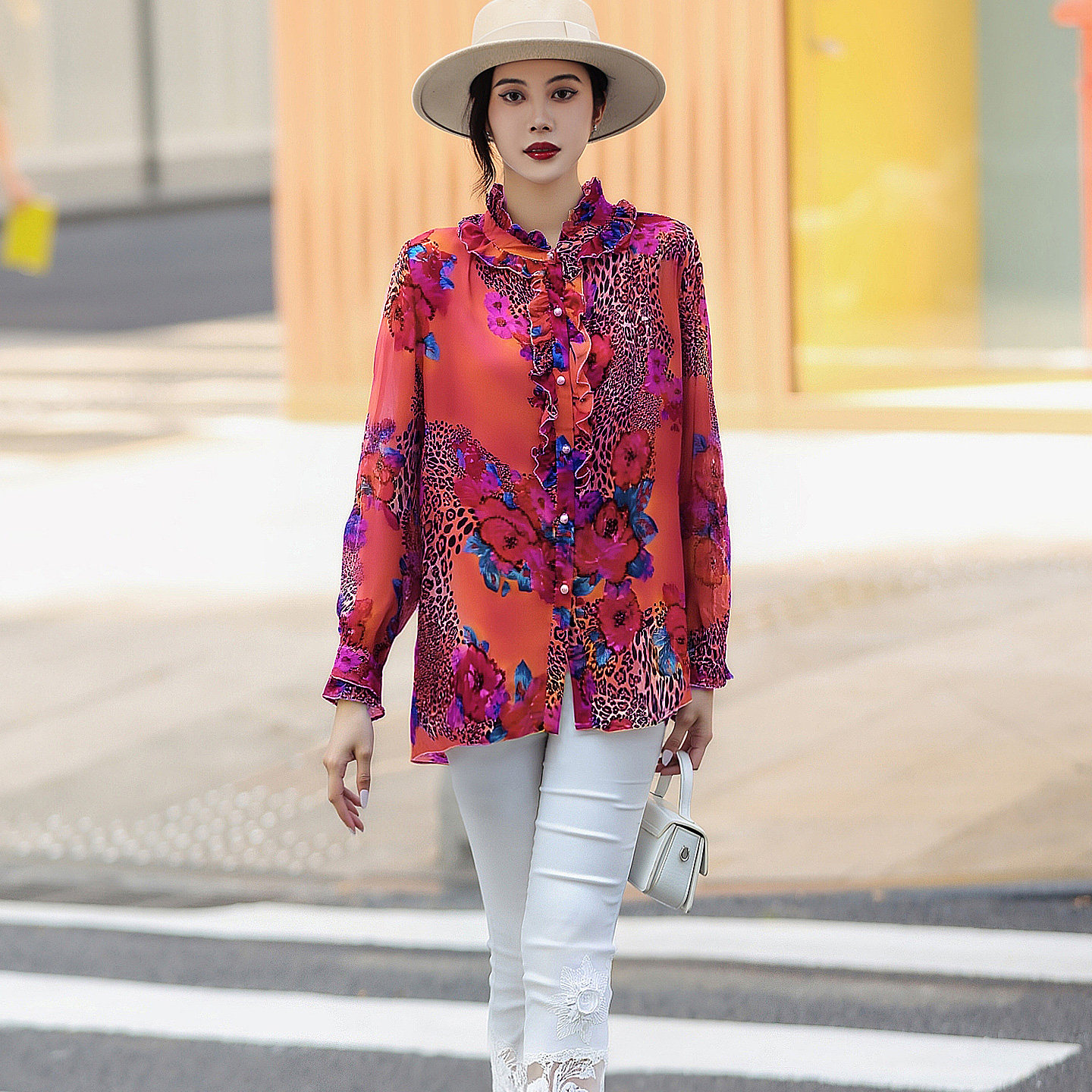 2026春季新款立领花边印花衬衫女气质减龄宽松显瘦遮肉真丝上衣女