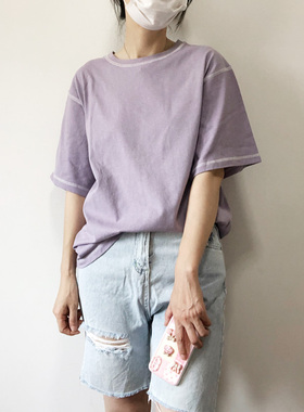 夏季百搭浅紫色水洗纯棉圆领短袖T恤撞色宽松显瘦纯色休闲上衣