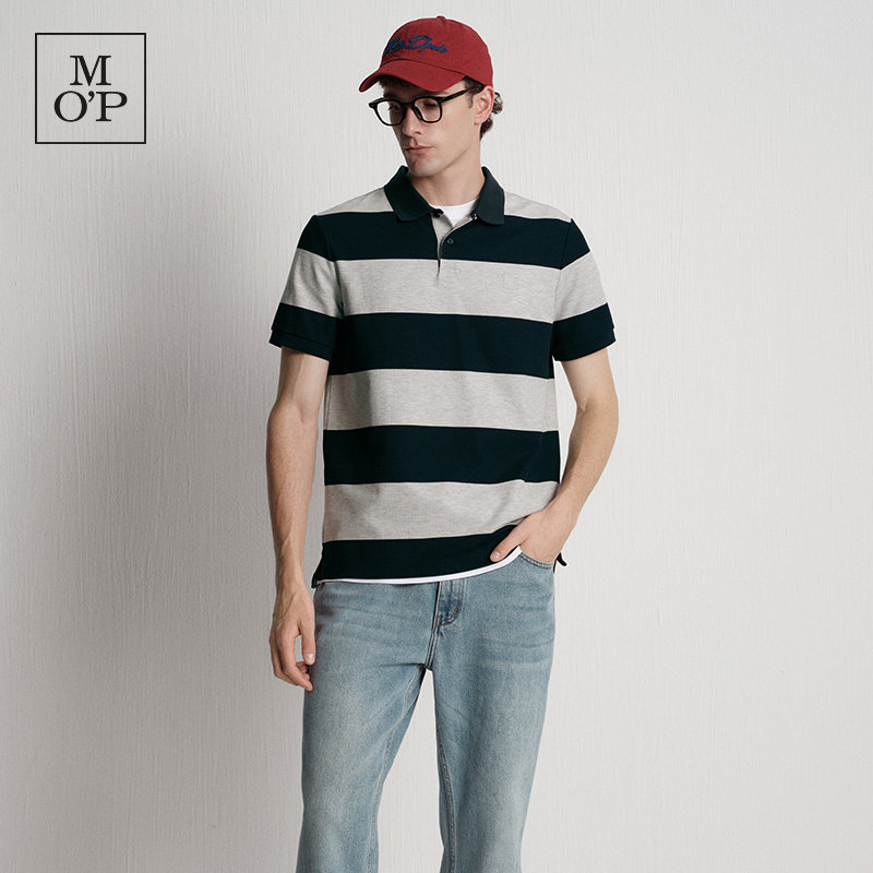 Marc O'Polo/MOP夏季新款好看色织宽条纹棉混纺安心领短袖POLO衫