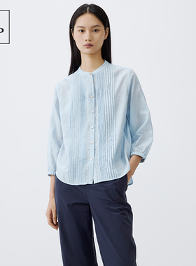 【王艳明星同款】MOP经典复古风琴褶透气亚麻长袖立领衬衫女上衣