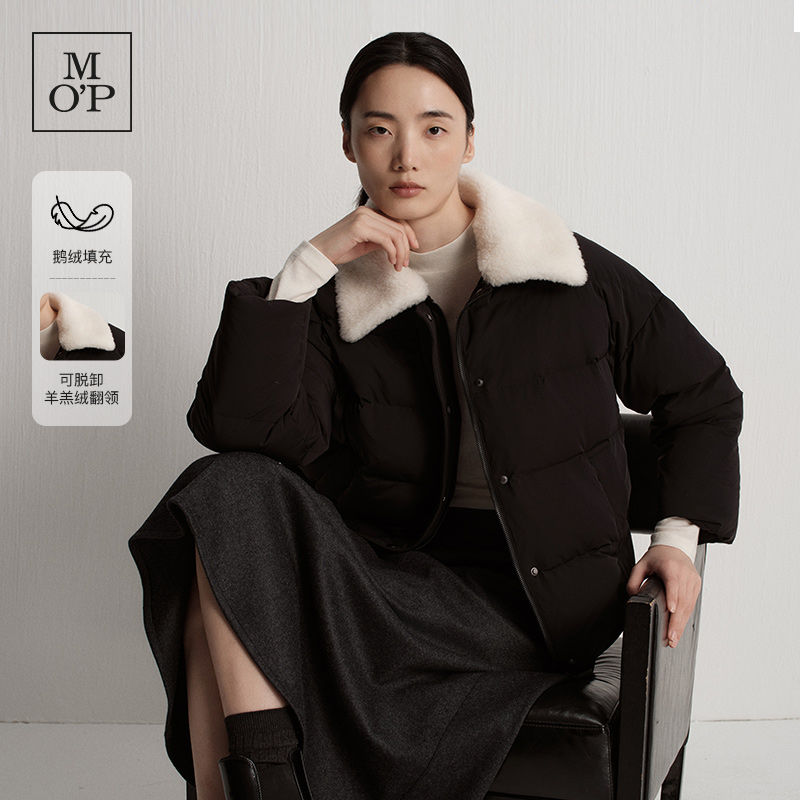 MOP脱卸羊羔毛翻领短款厚羽绒服