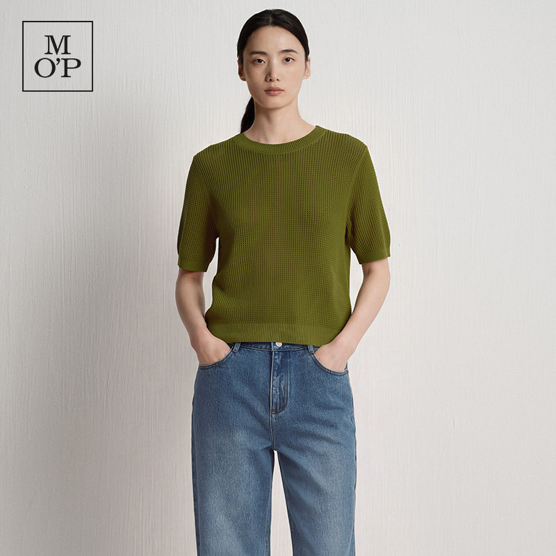 Marc O'Polo/MOP26秋季新款时髦苔藓绿亚麻混纺圆领短款针织衫女