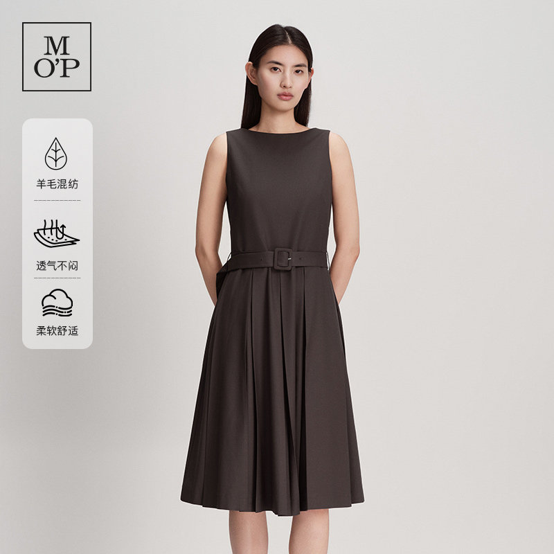 Marc O'Polo/MOP26夏季新款羊毛混纺无袖打褶可调节腰带连衣裙女