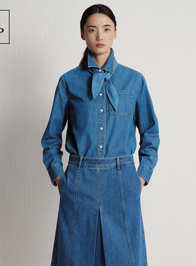 Marc O'Polo/MOP2025冬季新款优雅纯棉可拆卸领巾装饰牛仔衬衫女