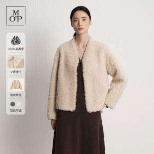 MOP25冬新款 肖燕同款 简约V领羊羔毛皮草外套女 100%绵羊毛