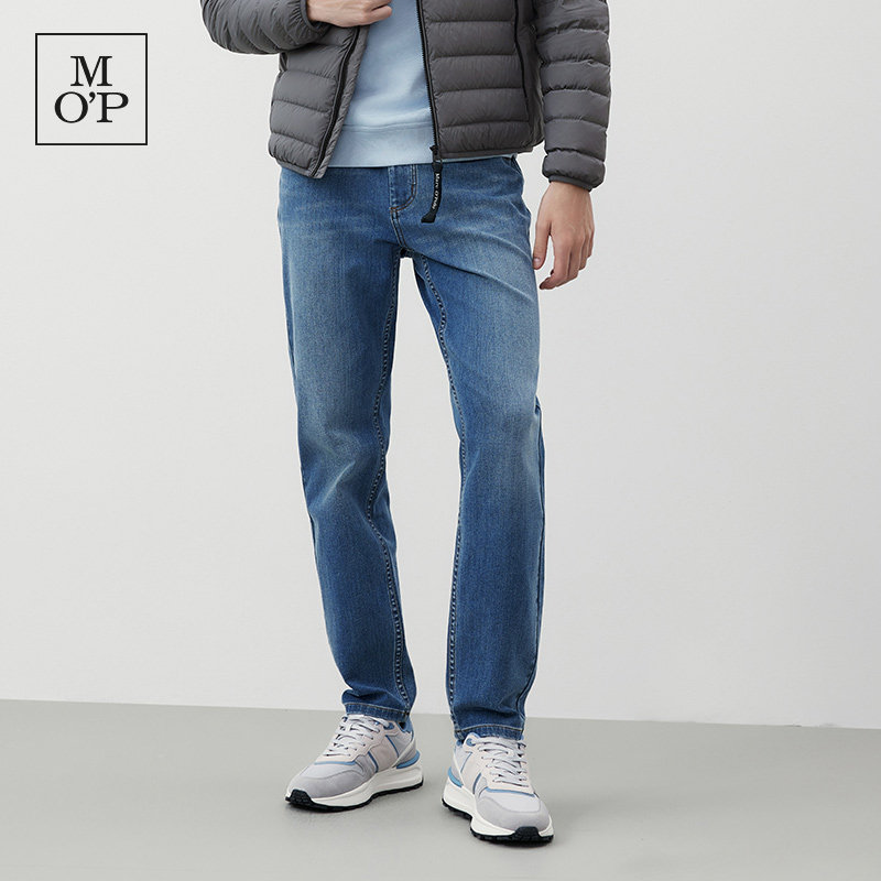 Marc O'Polo/MOP冬季新款简约直筒简约百搭中蓝四面弹牛仔长裤男