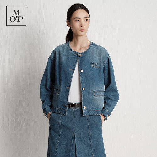 Marc O'Polo/MOP秋季新品复古高级感圆领蓝色牛仔外套夹克女上衣
