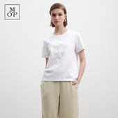 时尚 Polo Marc MOP2025夏季 新款 文艺花朵绣花纯棉圆领短袖 T恤女