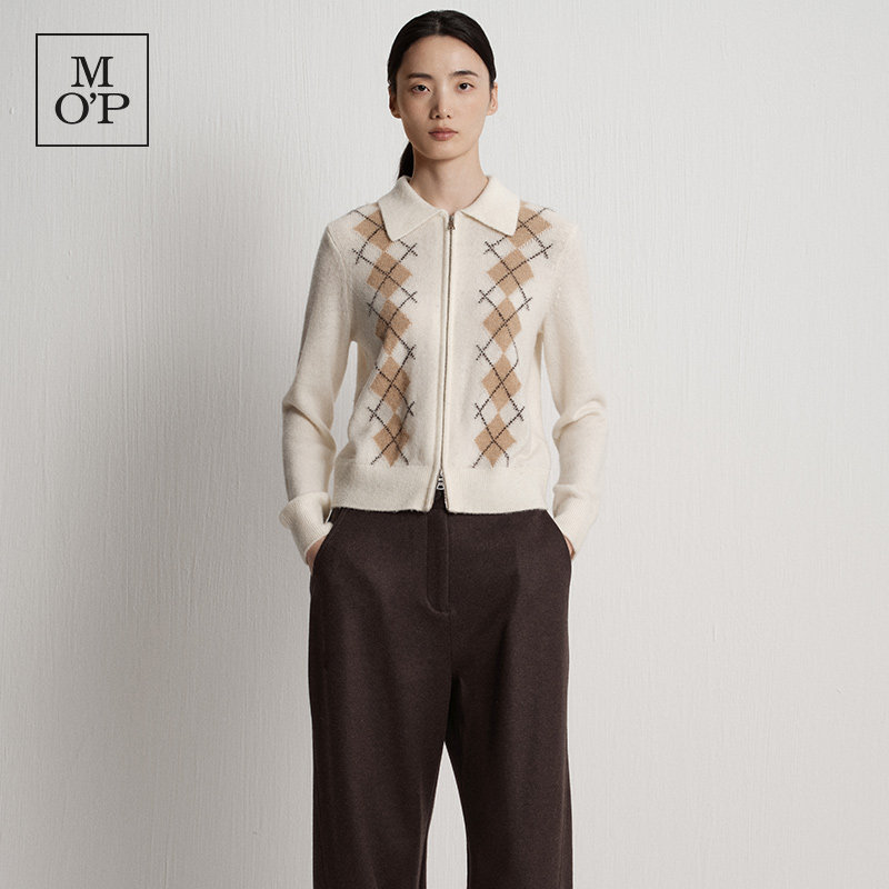 Marc O'Polo/MOP25冬季新款简约柔软白色羊毛格纹提花拉链开衫女