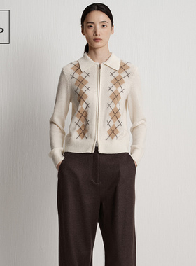 Marc O'Polo/MOP25冬季新款简约柔软白色羊毛格纹提花拉链开衫女