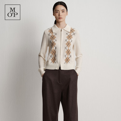 Marc O'Polo/MOP冬季新款简约柔软白色羊毛格纹提花拉链开衫女装