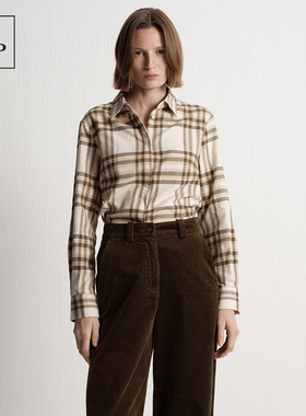 Marc O'Polo/MOP 25冬季新款简约复古绿色格纹弧形下摆磨毛衬衫女