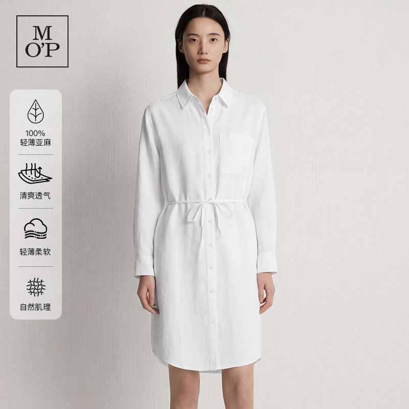 Marc O'Polo/MOP2026夏季新款天然亚麻长袖开缝收腰衬衫连衣裙女