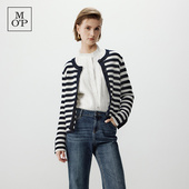 时尚 Polo Marc MOP圆领条纹开衫 女春秋新款 羊毛混纺针织开衫 女