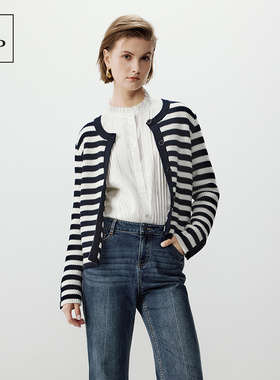 Marc O'Polo/MOP圆领条纹开衫女春秋新款时尚羊毛混纺针织开衫女