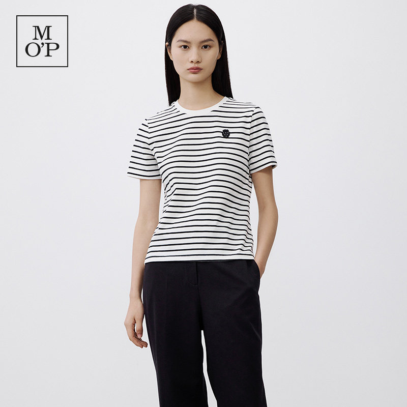 Marc O'Polo/MOP【品牌经典系列】圆领条纹刺绣草莓透气短袖T恤女