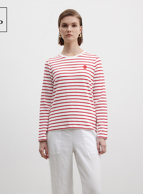 Marc O'Polo/MOP【品牌经典系列】草莓印花条纹圆领宽松休闲T恤女