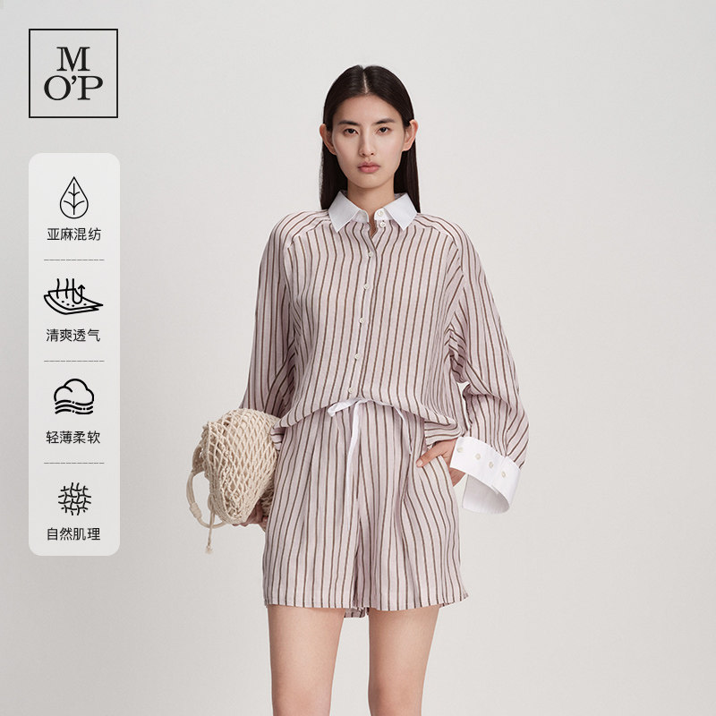 [呼吸条纹衬衫]Marc O'Polo26夏新款天然亚麻混纺拼接条纹衬衫女