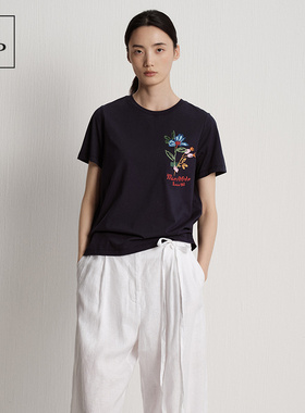 Marc O'Polo/MOP2025夏季新款花朵刺绣时尚设计感纯棉女士短袖T恤